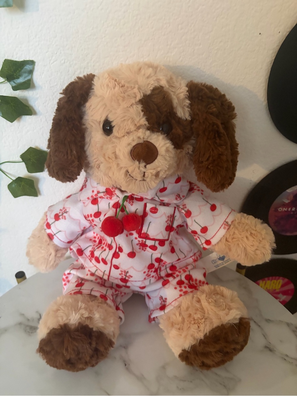 Plush Puppy Toy in Cream and Brown with Cherry Pajama Outfit